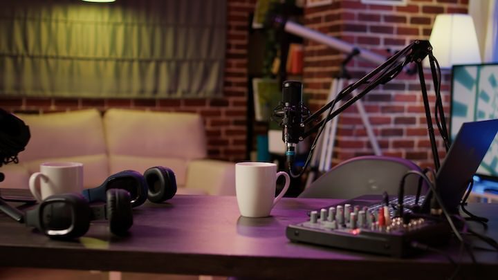 Nobody in podcast home studio with microphone boom 2023 11 27 05 19 48 utc